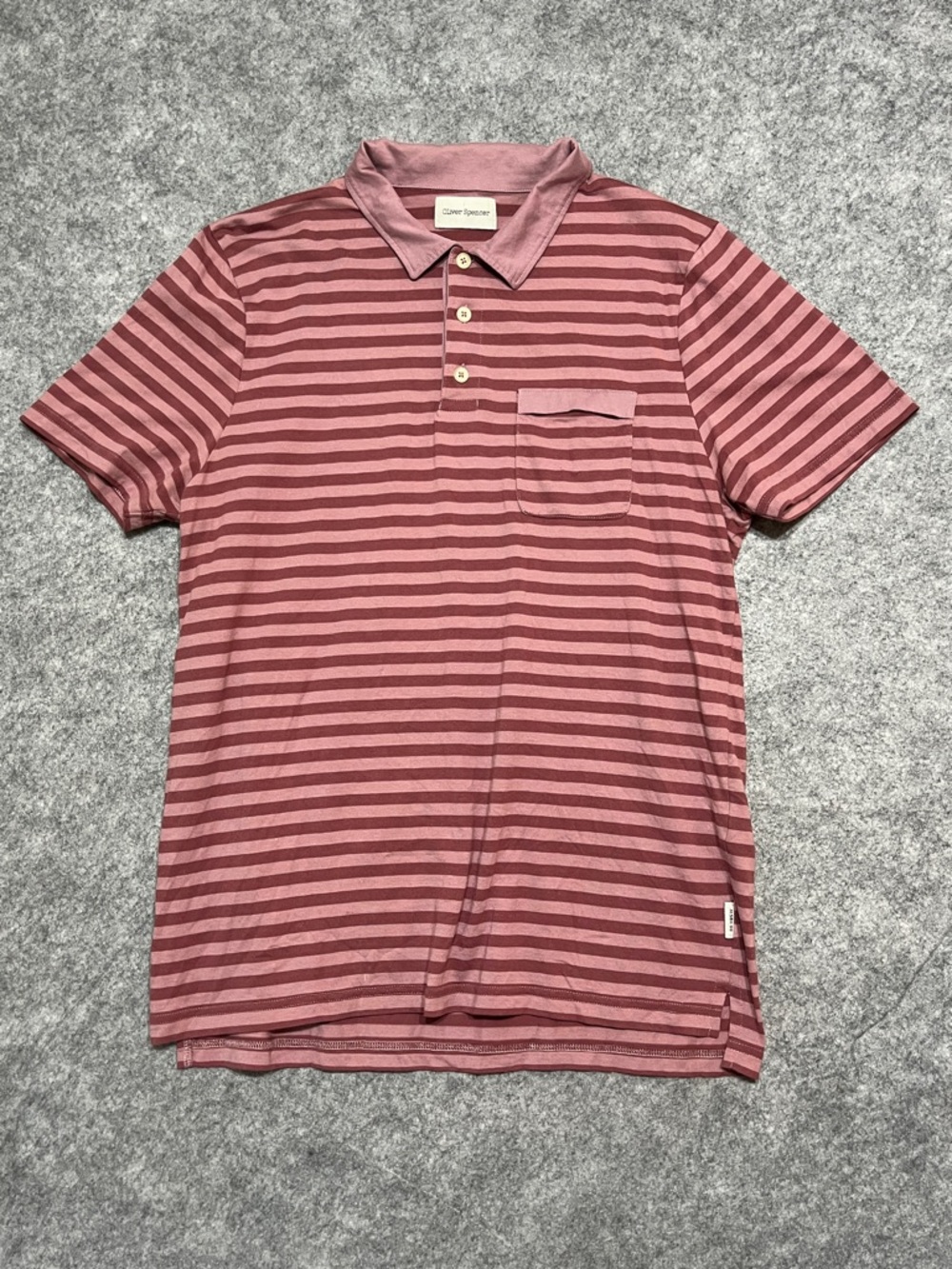 Oliver Spencer Rose Pink Striped Polo with Chest Pocket